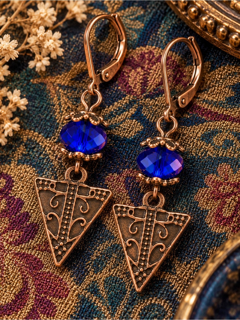 Cobalt Blue Faceted Earrings, Antique Copper Triangle Dangles